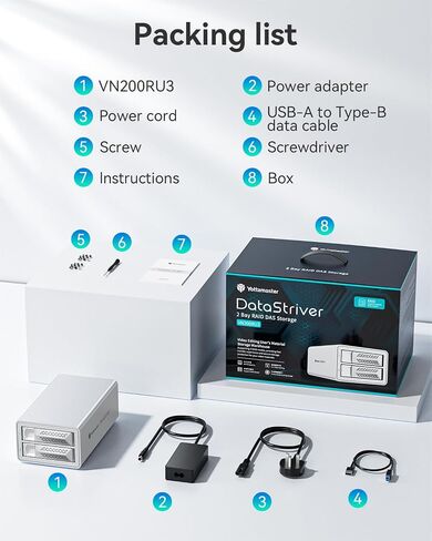 حاوية محرك الأقراص الثابتة Yottamaster VN200RU3 2 Bay RAID، حاوية USB3.0 2 Bay RAID من الألومنيوم DAS لـ 2.5 بوصة و3.5 بوصة SATA HDD/SSD، دعم 44 تيرابايت (2x22 تيرابايت)، RAID 1، JBOD، الوضع العادي (بدون قرص) in Saudi Arabia