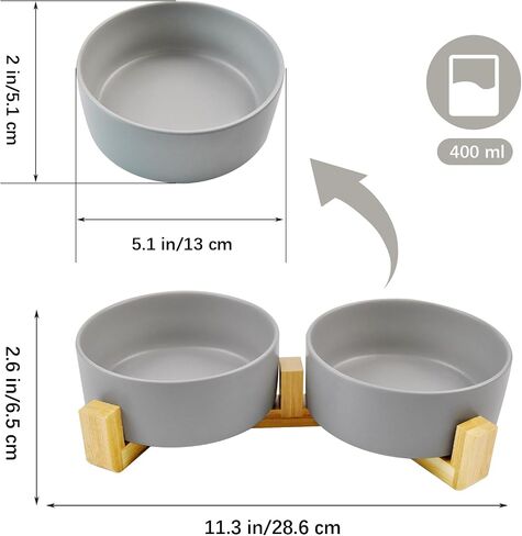 Ceramic Dog Cat Bowl with Wood Stand,Cat Food & Water Bowls Elevated Non-Spill Modern Cute Cat Dish Heavy Weighted Round Pet Dishes Set for Small Kitten Grown Cat(Grey) in Saudi Arabia
