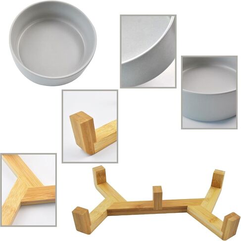 Ceramic Dog Cat Bowl with Wood Stand,Cat Food & Water Bowls Elevated Non-Spill Modern Cute Cat Dish Heavy Weighted Round Pet Dishes Set for Small Kitten Grown Cat(Grey) in Saudi Arabia
