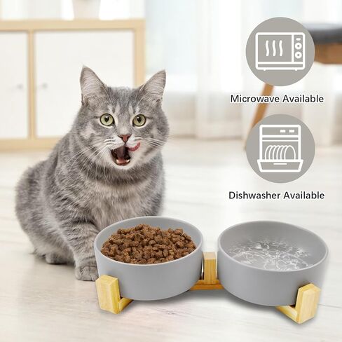 Ceramic Dog Cat Bowl with Wood Stand,Cat Food & Water Bowls Elevated Non-Spill Modern Cute Cat Dish Heavy Weighted Round Pet Dishes Set for Small Kitten Grown Cat(Grey) in Saudi Arabia
