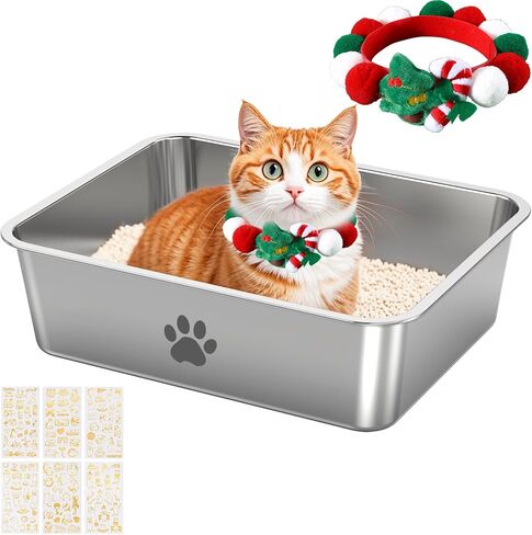 Stainless Steel Cat Litter Box,Metal Kitten Litter Pan, High Side Cats Toilet Indoor Litter Tray Pet Toilet Supplies for Cats, Kitty,Rabbits, Easy Clean, Non Stick Litter Box, No Smell (M) in Kuwait