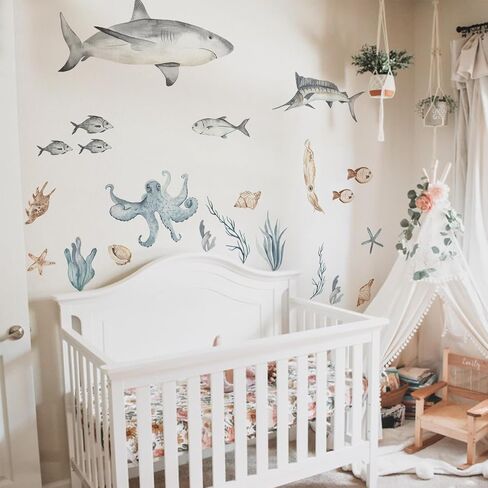 Large Fish Wall Decals Peel and Stick, Watercolor Nursery Ocean Animals Wall Stickers, Under The Sea Wall Decal Stickers for Kids Room Bedroom Playroom Room Decor, Ocean Animals Set 1 in Saudi Arabia