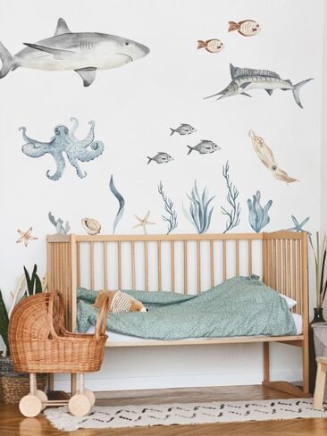 Large Fish Wall Decals Peel and Stick, Watercolor Nursery Ocean Animals Wall Stickers, Under The Sea Wall Decal Stickers for Kids Room Bedroom Playroom Room Decor, Ocean Animals Set 1 in Saudi Arabia