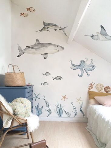 Large Fish Wall Decals Peel and Stick, Watercolor Nursery Ocean Animals Wall Stickers, Under The Sea Wall Decal Stickers for Kids Room Bedroom Playroom Room Decor, Ocean Animals Set 1 in Saudi Arabia