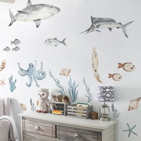Large Fish Wall Decals Peel and Stick, Watercolor Nursery Ocean Animals Wall Stickers, Under The Sea Wall Decal Stickers for Kids Room Bedroom Playroom Room Decor, Ocean Animals Set 1 in Saudi Arabia