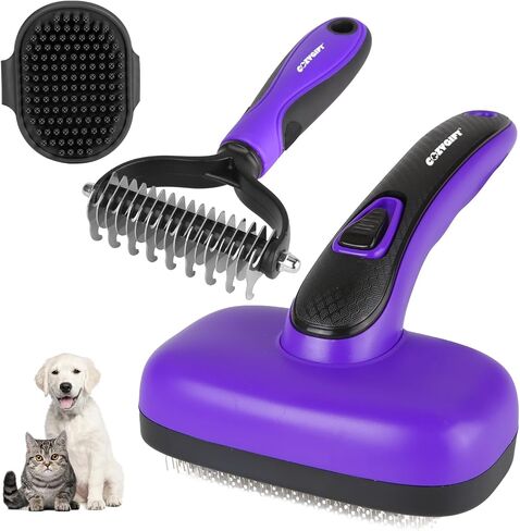 3PCS Dog Brush Kit for Dogs, Cats & Small Animals. Self-Cleaning Slicker Brush for Short & Long Hair, Haired Breeds, Dual-Sided Undercoat Rake, Bath Brush. Safe Steel Pins, Ideal for Most Pets. Purple in Saudi Arabia