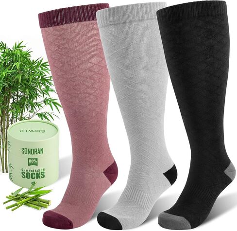 Plus Size Compression Socks for Women Wide Calf (3 Pairs) 15-20mmHg Bamboo Viscose Knee High Sock Support for Nurses Pregnancy Travel XXL（Polka dots-Black&Gray&Blue） in Kuwait