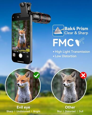 عدسة تليفوتوغرافي 18X من Evil Eye، عدسة تليفوتوغرافي عالية الدقة للهاتف المحمول مع حامل ثلاثي القوائم، عدسة BAK4 Prism/FMC، ملحق عدسة لأجهزة Android وiPhone وSamsung ومعظم الهواتف الذكية in Kuwait
