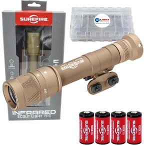 Lumintrail Sure Fire Infrared Scoutlight Pro Tactical Light Tan M640V Bundle with 4 Extra CR123A Batteries and a Battery Box - Picatinny/MLOK Mount Light, Swivel, 6V, Vampire with White/Infared LEDs