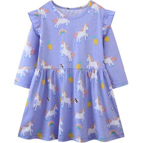 EULLA Toddler Girls Dresses Ruffle Long Sleeve Casual Crew Neck Heart Print Dress Little Kids Cotton Dress Kids Clothes 2-7T