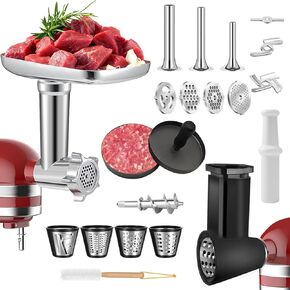 Meat Grinder Attachment for Kitchenaid Stand Mixer with 4 Grinding Plates, Cheese Grater Attachment for kitchenaid Stand Mixer with 3 Metal Sausage Stuffer Tubes, Salad Maker, Burger Press & 3 Blades