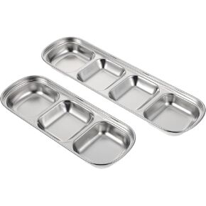 VILLCASE 2pcs Stainless Steel Feeding Tray, Compartment Pet Tray Food Bowls, Three and Four Feeding Plate Cat Water Bowl, Multi-Grid Fodder Tray for Kitten Small Dogs