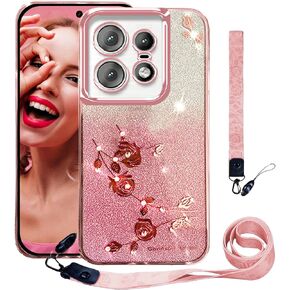 CCSmall for Motorola Edge 50 Fusion Bling Case Crossbody Lanyard for Woman Girls, Glitter Diamond Flower Shoulder Strap Wristband Cute Sparkle Protective Case Cover for Moto Edge 50 Fusion YSH Rose