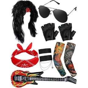 Mepase 7 Pcs Halloween 80s Rocker Costume Set, Curly Rock Wig Paisley Fabric Headband Tattoo Sleeve Gloves Cuff Glasses and Inflatable Guitar for Men 1980s Costume