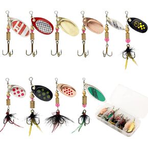 10 PCS Fishing Lure Spinnerbait Triple Fishing Hooks Metal Spinner Baits Kit Colourful Spinnerbait Spoons Kit with Tackle Box for Bass Trout Walleye Salmon Big Blue Gill Perch Crappie Pan Fish