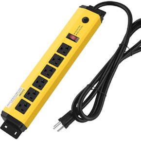 CCCEI Magnetic Heavy Duty Power Strip Surge Protector 20Amp, 12 Gauge High Amp Extension Outlets, Garage Wall Mount 6 Plug Metal Power Strip. 15FT, Yellow, 5-15P Adapter 6-20R T-Slot 20a for Appliance