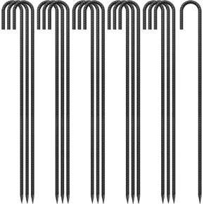 J Hook Rebar Stakes 36 Inch 3/8 Inch Diameter Steel Tent Stakes Heavy Duty Chain Link Fence Stakes Trampoline Stakes with Chisel Point End Metal Stakes for Ground, Canopy Swing Set, Black (16 Pcs)