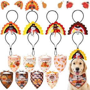 Sanwuta 16 Pcs Pet Thanksgiving Accessories Includes Fall Dog Bandanas Bulk Thanksgiving Turkey Headbands Pet Bandana Pet Triangle Scarf for Most Dogs Autumn Costume Accessory Decoration