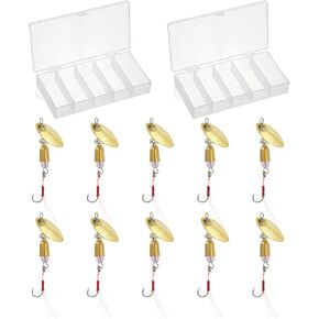 PATIKIL Fishing Lures Spinnerbait, 10 Pack Trout Lures Rooster Tail Fishing Lures Single Hook Trout Spinners 1/5 oz with 2 Tackle Boxes for Freshwater Saltwater Fishing, Gold Tone
