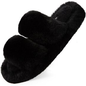 FamilyFairy Women's Fluffy Faux Fur Slippers Comfy Open Toe Two Band Slides with Fleece Lining and Rubber Sole
