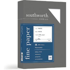 Southworth 100% Cotton Business Paper, 8.5" x 11", 20 lb/75 GSM, Wove Finish, White, 500 Sheets - Packaging May Vary (13C)