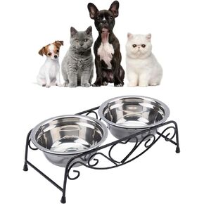 Dog Bowls, Stainless Steel Reusable Feeder Dishes Iron Stand Raised Pet Dog Feeder Pet Cat Dog Puppy Food and Water Dish Bowls with Retro Iron Stand Food and Water Holder with Stand for Dogs