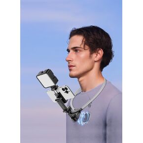Magnetic Neck Phone Holder with Light, Hands Free Selfie Neck Tripod Chest Mount Phone Holder Filming for iPhone 16 Samsung GoPro DJI Insta360, Neck Phone Holder for Recording POV Video Vlog