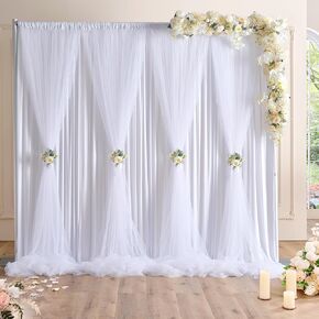 20ftx10ft White Tulle Backdrop Curtains for Baby Shower Parties Wedding,2 Layer Sheer Photo Drape Backdrop for Photography Props, 4Panles 5ftx10ft