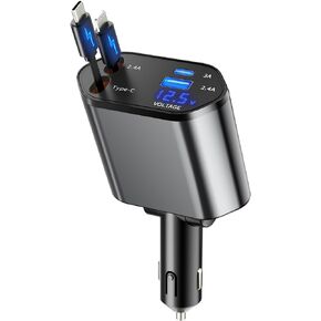 Retractable Car Charger, 4 in 1 Fast Charging Car Charger USB-C & USB-A Compatible with iPhone 16/15/14/13/12/11,Galaxy,Pixel