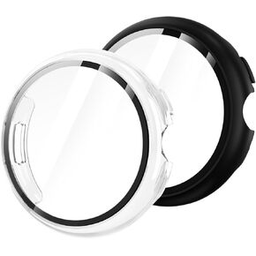 LDFAS Compatible for Google Pixel Watch 3 45mm Case (2 Pack) with 9H Tempered Glass Screen Protector, [Touch Sensitive] [Full Coverage] Slim Protective Cover,Clear+Black