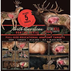 Animal Targets Featuring Deer - Hog - Turkey - Elk - Black Bear. 2-Sided Full Size Paper Range Targets for Archery & Rifle Hunters - Realistic Anatomy Illustrations by EthiKill (5 Pack)…