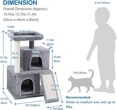 FluffyDream Cat Tree Condo with Scratching Post, Cat Tower Pet Play House with Toy, Grey, 17 Inch (43cm) in Kuwait