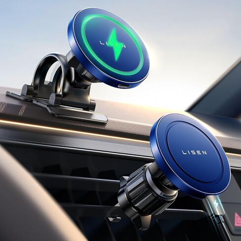 LISEN لشاحن تثبيت السيارة MagSafe بقدرة 15 وات، شاحن سيارة لاسلكي مغناطيسي بفتحة تهوية/لوحة أجهزة القياس iPhone، شحن سريع للغاية MagSafe شحن لاسلكي لهاتف iPhone 16 15 14 13 12، أسود in Saudi Arabia