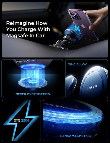 LISEN لشاحن تثبيت السيارة MagSafe بقدرة 15 وات، شاحن سيارة لاسلكي مغناطيسي بفتحة تهوية/لوحة أجهزة القياس iPhone، شحن سريع للغاية MagSafe شحن لاسلكي لهاتف iPhone 16 15 14 13 12، أسود in Saudi Arabia