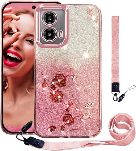 CCSmall لهاتف Motorola Edge 50 Fusion Bling Case Crossbody Lanyard للنساء الفتيات، غطاء معصم بحزام كتف على شكل زهرة الماس اللامعة لطيف لامع لهاتف Moto Edge 50 Fusion YSH Rose in Saudi Arabia