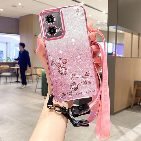 CCSmall لهاتف Motorola Edge 50 Fusion Bling Case Crossbody Lanyard للنساء الفتيات، غطاء معصم بحزام كتف على شكل زهرة الماس اللامعة لطيف لامع لهاتف Moto Edge 50 Fusion YSH Rose in Saudi Arabia