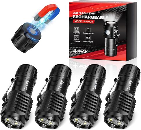 LETMY Rechargeable Mini Flashlights with Magnetic Base, 2 Pack Bright 3 LED Flash Lights, Small EDC Flashlight with Belt Clip, 4 Lighting Modes Portable Rechargeable Flashlights for Camping Home in Kuwait