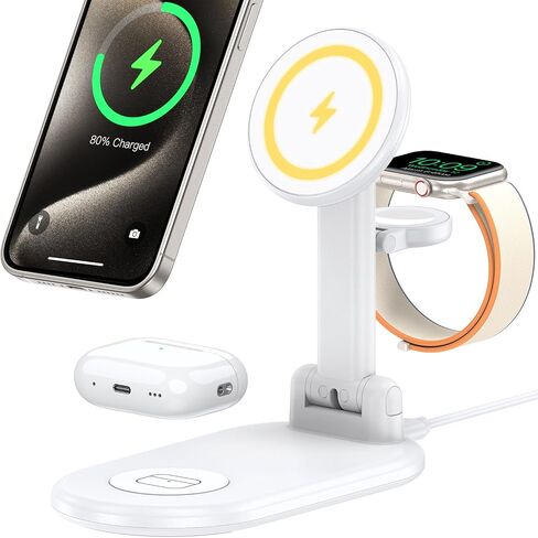 3 in 1 Charging Station for Apple Mag Safe Charger, 15W Max Foldable Wireless Charging Stand for iPhone 16/15/14/13/12, Fast Magnetic Travel Charger for Multiple Devices iWatch Airpods (Gold) in Saudi Arabia