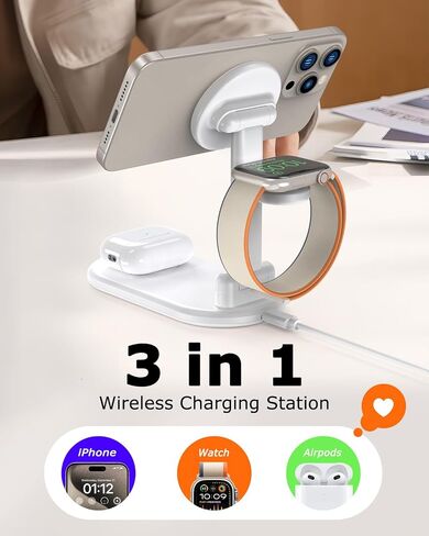 3 in 1 Charging Station for Apple Mag Safe Charger, 15W Max Foldable Wireless Charging Stand for iPhone 16/15/14/13/12, Fast Magnetic Travel Charger for Multiple Devices iWatch Airpods (Gold) in Saudi Arabia