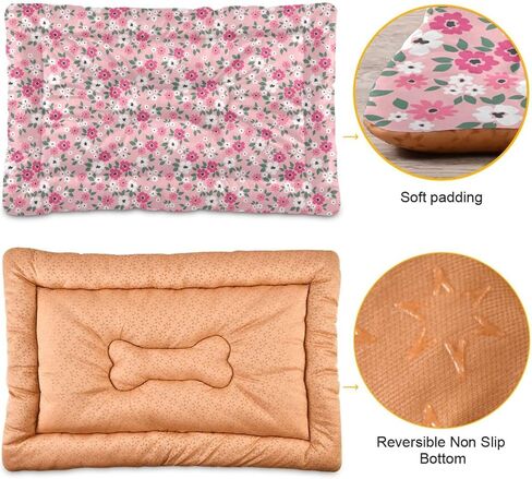 Pink Floral Pet Bed Pad Soft Dog Bed Mat with Anti-Slip Bottom, Machine Washable Crate Pad Mattress for Dog Sleeping in Kuwait