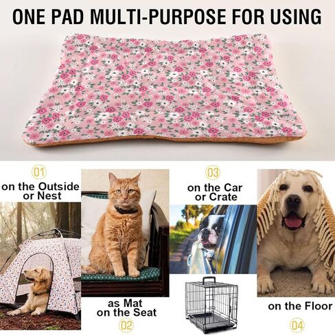 Pink Floral Pet Bed Pad Soft Dog Bed Mat with Anti-Slip Bottom, Machine Washable Crate Pad Mattress for Dog Sleeping in Kuwait