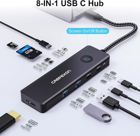 USB C HUB 8 in 1, USB C HUB Multiport Adapter with USB C to 4K HDMI, 2*USB-A 3.0, 2*USB-C 3.0-Data Port, 4K HDMI, PD 100W & SD/TF Card Reader, Dongle Adapter USB C HUB for MacBook/Laptops/iPhone Black in Saudi Arabia