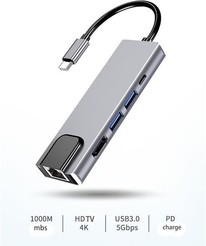 USB C Hub Multiport Adapter Splitter, 5in1, RJ451000 Mbps, 4K HDTV, USB Hub with Ethernet Port, 5 in 1 RJ45 1000 Mbps USB3.0 Aluminum in Saudi Arabia