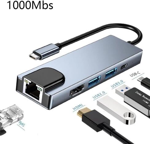 USB C Hub Multiport Adapter Splitter, 5in1, RJ451000 Mbps, 4K HDTV, USB Hub with Ethernet Port, 5 in 1 RJ45 1000 Mbps USB3.0 Aluminum in Saudi Arabia