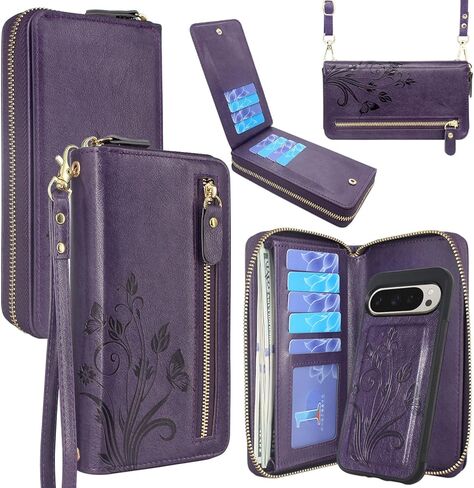 حافظة Lacass لهاتف Google Pixel 9/9 Pro 2024، حافظة محفظة جلدية مغناطيسية مزدوجة بسحاب قابل للفصل وغطاء معصم وحزام معصم و13 فتحة للبطاقات وجيب للنقود (رمادي زهري) in Kuwait