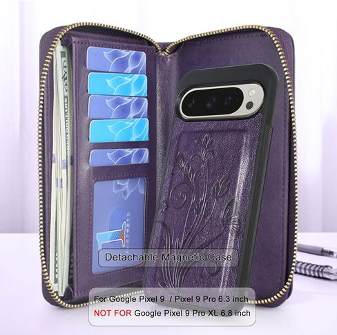 حافظة Lacass لهاتف Google Pixel 9/9 Pro 2024، حافظة محفظة جلدية مغناطيسية مزدوجة بسحاب قابل للفصل وغطاء معصم وحزام معصم و13 فتحة للبطاقات وجيب للنقود (رمادي زهري) in Kuwait