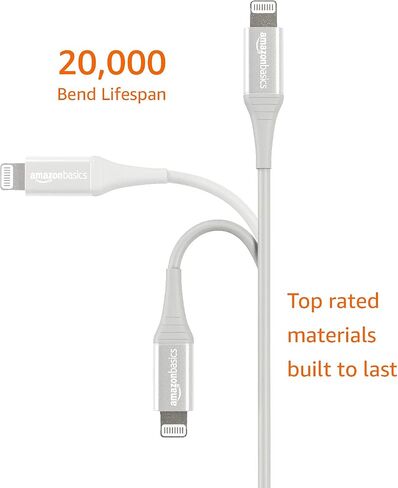 سلك كابل USB-A إلى Lightning من Amazon Basics، شاحن معتمد من MFi لأجهزة Apple iPhone وiPad، وعمر 20,000 منحنى - فضي، 6 أقدام in Saudi Arabia