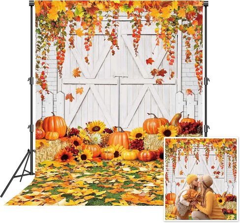 10x8ft Fall Thanksgiving Backdrop Autumn Rustic Wooden White Door Harvest Barn Pumpkin Maple Leaves Photography Background for Baby Shower Birthday Party Decorations Banner Photo Props in Kuwait