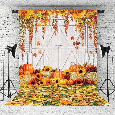 10x8ft Fall Thanksgiving Backdrop Autumn Rustic Wooden White Door Harvest Barn Pumpkin Maple Leaves Photography Background for Baby Shower Birthday Party Decorations Banner Photo Props in Kuwait