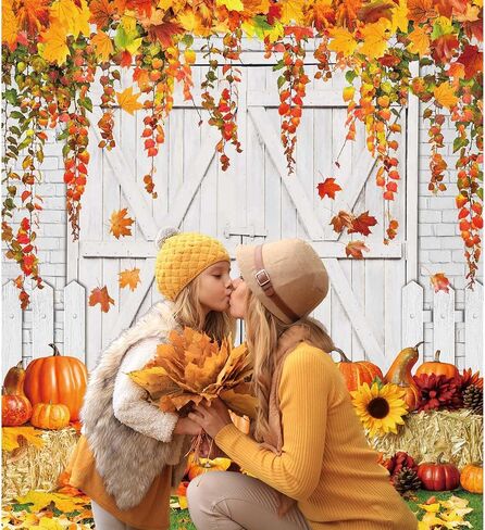 10x8ft Fall Thanksgiving Backdrop Autumn Rustic Wooden White Door Harvest Barn Pumpkin Maple Leaves Photography Background for Baby Shower Birthday Party Decorations Banner Photo Props in Kuwait